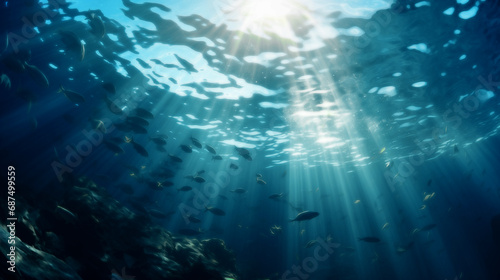 An Underwater School of Fish in Turquoise Water. Underwater Scene with Sun Rays. © Kubira_ph