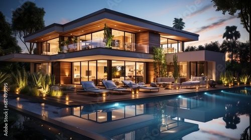 Modern house exterior with an illuminated swimming © ProVector