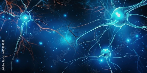 Blue shaded neurons and dendrites in a dark blue and black background
