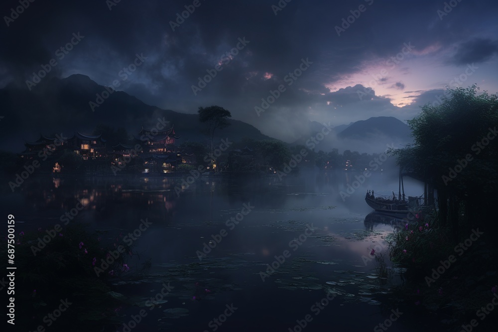 Twilight Serenity: Utopian Landscape of Serene Lake and Floating Islands