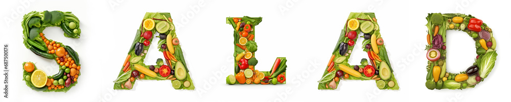 On a white isolated background from the fruit and vegetable alphabet the inscription - salad On a white isolated background from the fruit and vegetable alphabet the inscription - salad