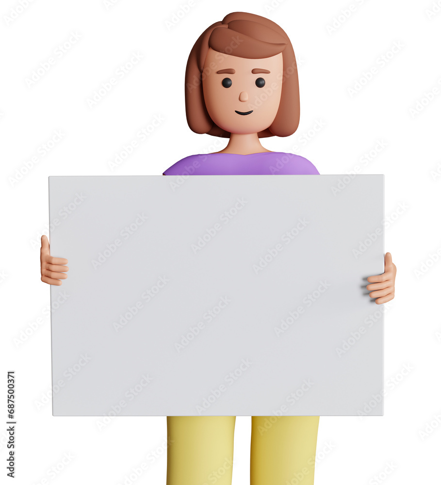 3d woman character holding big white board with space for text. Adult girl hold big white board with copy space 3d illustration 3d woman character holding big white board with space for text. Adult girl hold big white board with copy space 3d illustration