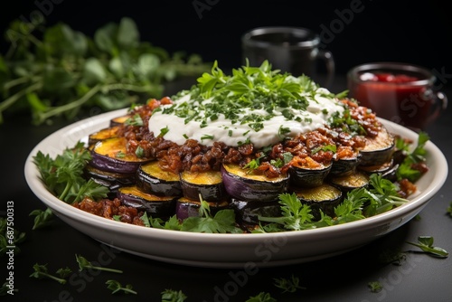 Delectable Moussaka: Exquisite Mediterranean Dish with Vibrant Colors on Pristine White Background