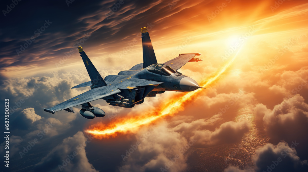 Fighter Jet Soaring with Flares and Contrails in a Dramatic Sky - obrazy, fototapety, plakaty 