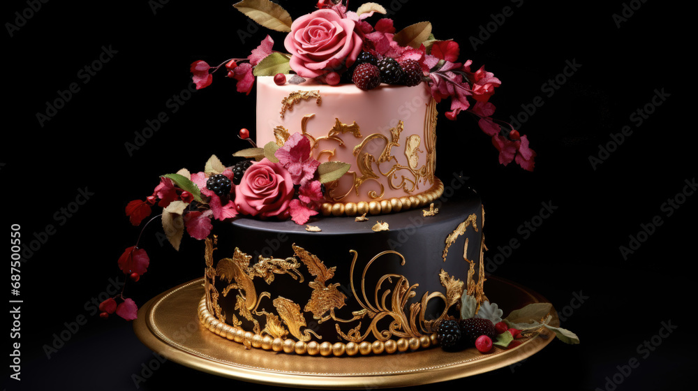 Fototapeta premium Sweet Delights: A Decorated Cake with Tiers of Pink and Blue