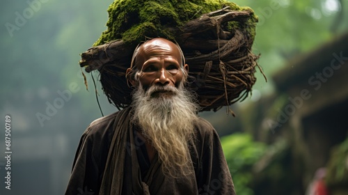 Old grandfather carrying a pile of wood on his head background wallpaper AI generated image photo