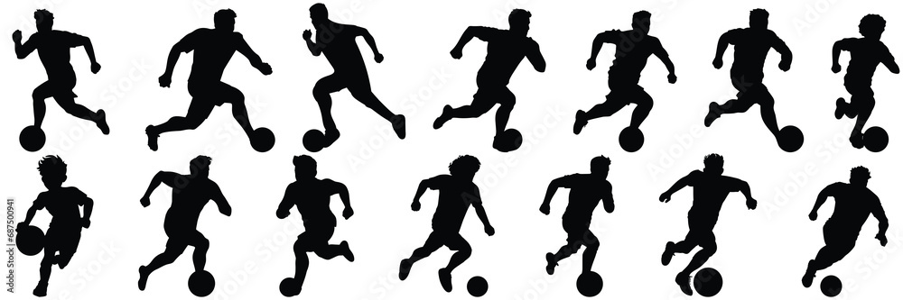 Fototapeta premium Football player soccer silhouettes set, large pack of vector silhouette design, isolated white background