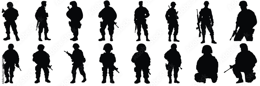 Soldier war army silhouettes set, large pack of vector silhouette design, isolated white background