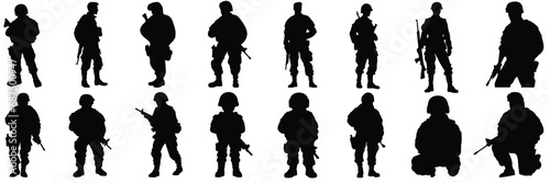 Soldier war army silhouettes set, large pack of vector silhouette design, isolated white background