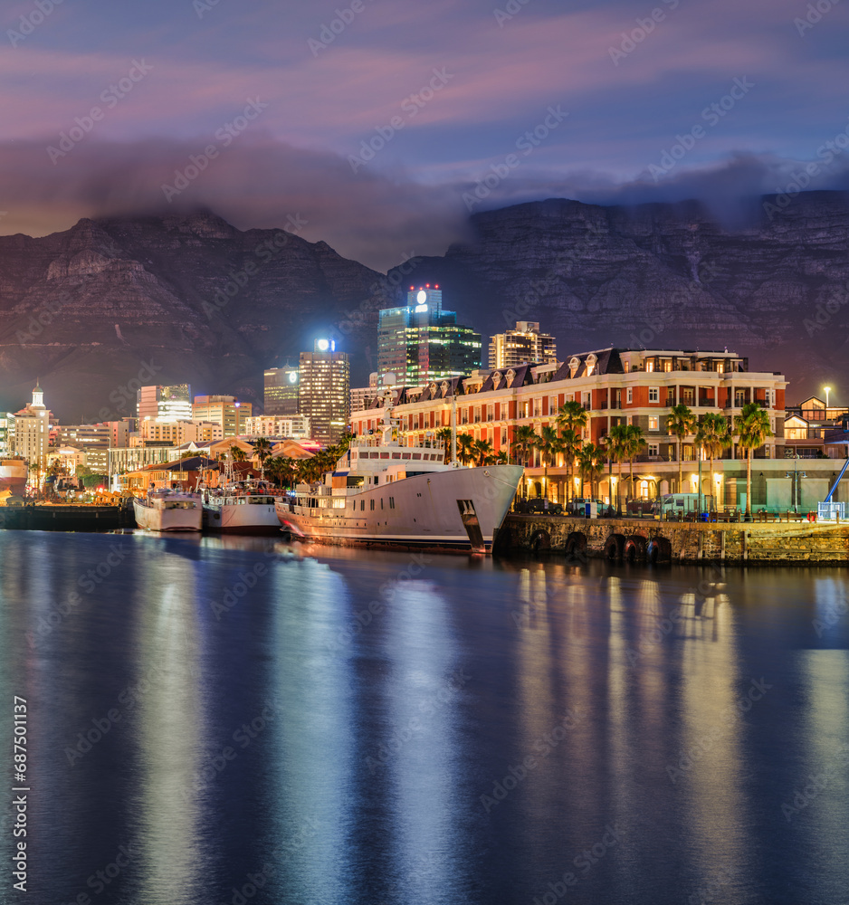 Cape Town city and waterfront lit up after sunset, Cape Town, South Africa