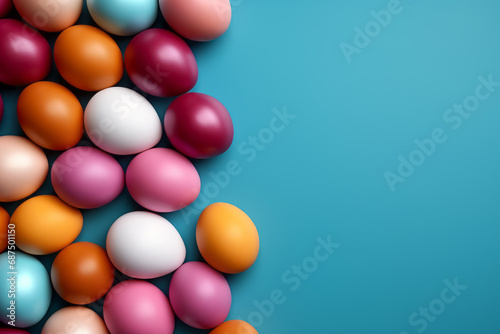 Colorful Easter Egg bottom border over a pastel blue paper banner background. Copy space. © Dzmitry