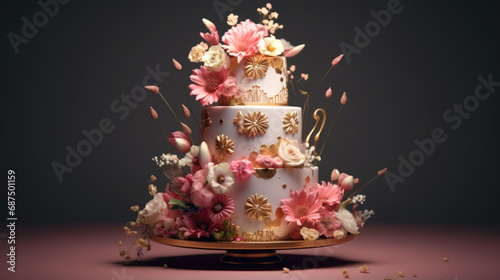 Floral Elegance: A Two-Tiered Wedding Cake with Gold Accents and Delicate Flowers