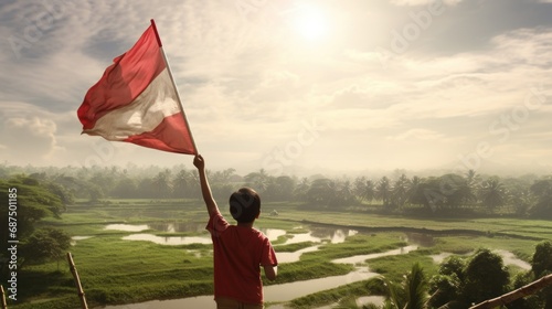 Boy carrying red flag in rice field background wallpaper AI generated image photo