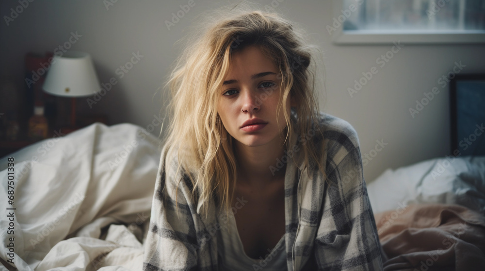 Young teenage sitting on her bed with messy hair, wake up in the morning after healthy sleep, closeup portrait Young teenage sitting on her bed with messy hair, wake up in the morning after healthy sleep, closeup portrait