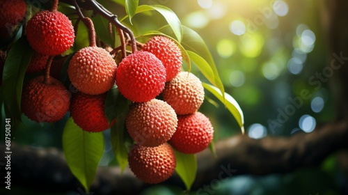 Lychee fruit on a branch with a natural blurred background photo