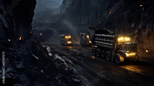 Coal mine dump truck carrying materials at night background wallpaper AI generated image