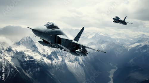 Fighter Jets Performing Aerial Ballet over Snowy Mountain Peaks