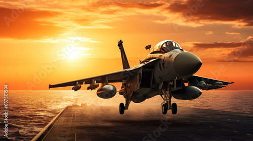 Dramatic sunset scene of a fighter jet landing on a naval carrier