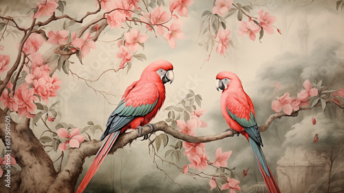 Wallpaper jungle and leaves tropical forest mural Parrot and birds old drawing Art vintage background Poster Print