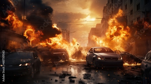 Heavy fire with cars in the city background wallpaper AI generated image