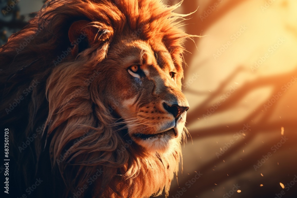 Naklejka premium The Majestic King. A Close-Up Portrayal of a Lion's Regal Face Amidst a Serene Forest Canopy
