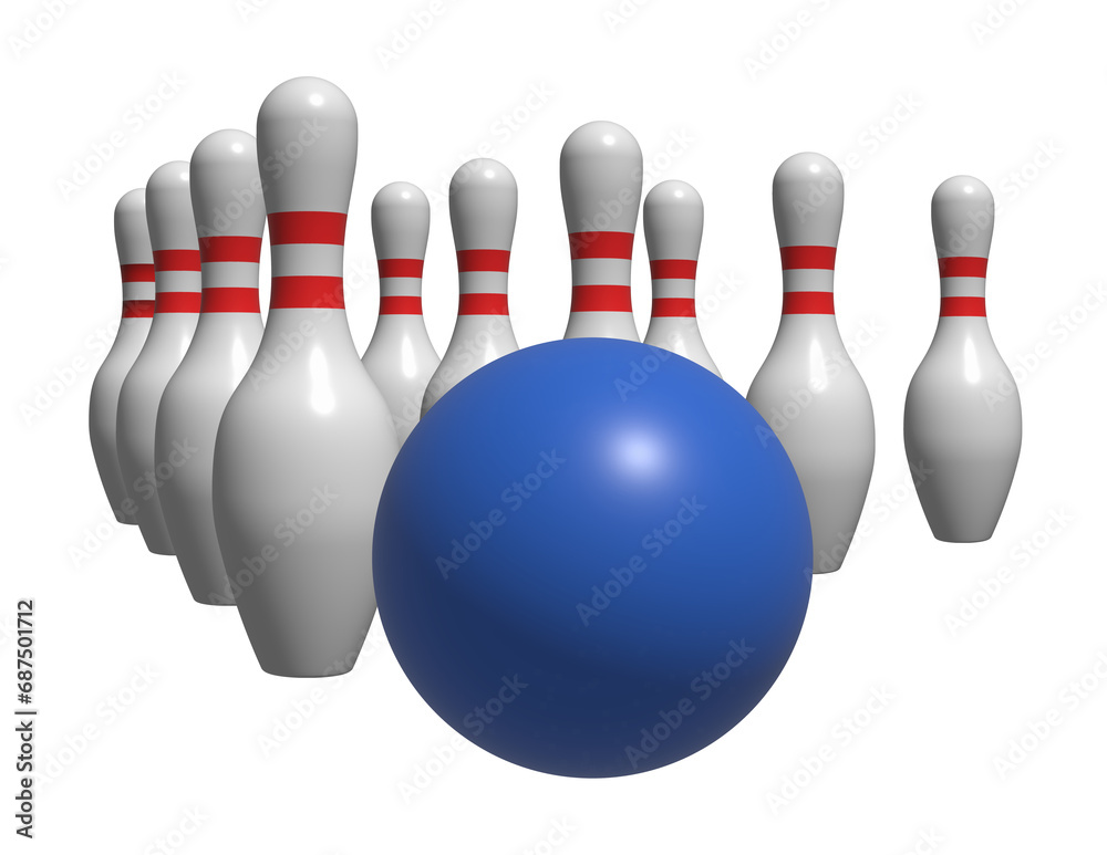 Bowling ball and pins in transparent background. 3D illustration Bowling ball and pins in transparent background. 3D illustration