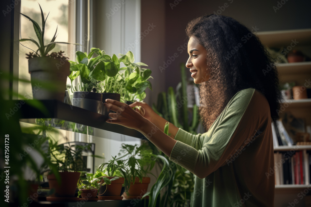 A beautiful Afro-American woman in green clothes takes care of potted plants. A beautiful Afro-American woman in green clothes takes care of potted plants.