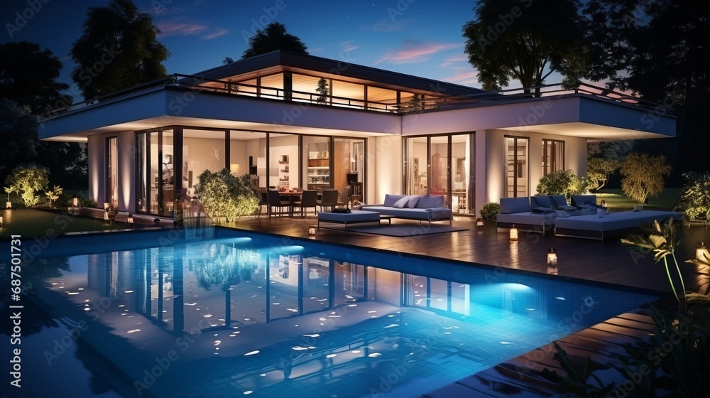 Modern house exterior with an illuminated swimming
