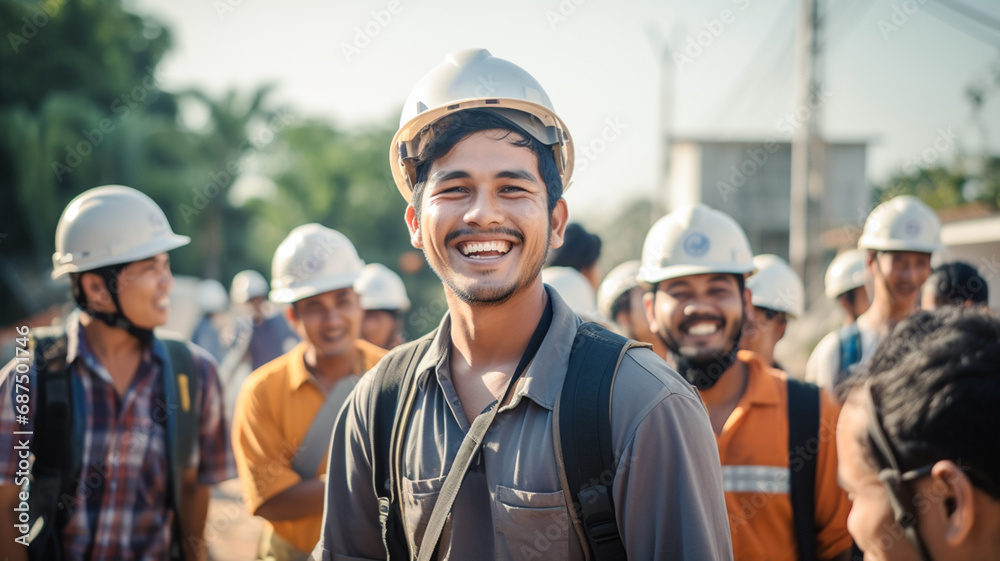 A group of happy asian workers laughing on building site. 
 - obrazy, fototapety, plakaty 