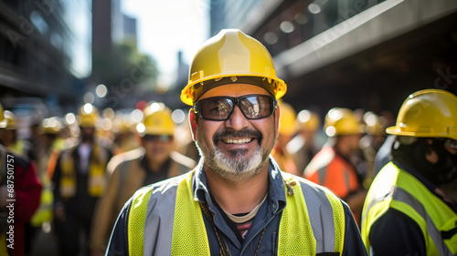 Portrait of construction worker on building site. Construction and team or manager outdoor for civil engineering and building. 