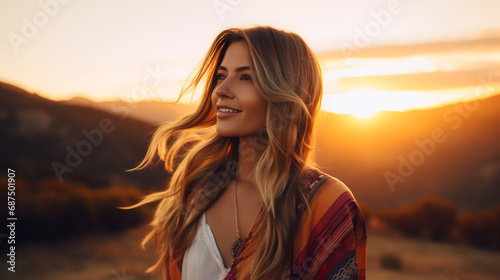 Portrait of young european fashionable female model, shot from the side, smiling, looking to the side, vibrant sunset over mountains background