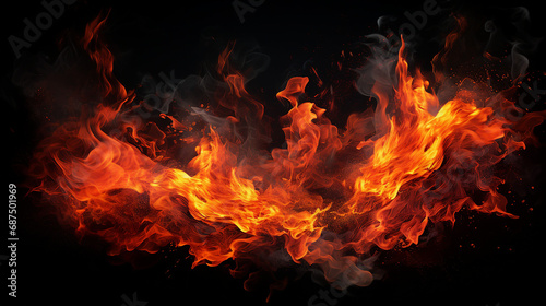 Dynamic Night Fire: Glowing Sparks and Flames on a Black Background - Fiery Energy Igniting the Dark with Incandescent Heat and Vibrant Illumination.