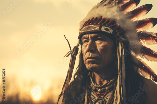 Murais de parede Portrait of native American Indian red wearing traditional dress with bird feature headdress with field meadow and grass nature with copy space background