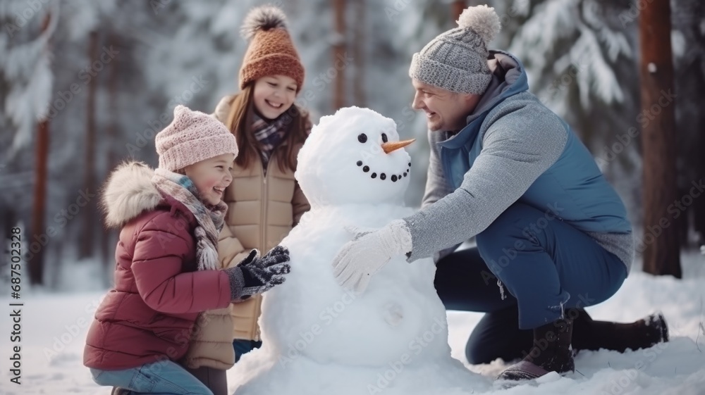 Happy father, mother and kids gathering in snow-covered park together sculpting funny snowman from snow. Parents and children playing outdoor in winter forest. Family active holiday comeliness