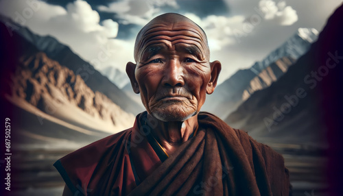 Old Buddhist monk portrait with a backdrop of mountains