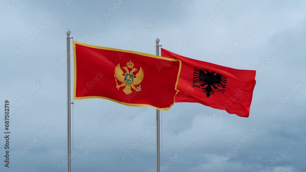 Montenegro flag and Albania flag waving together on cloudy sky, endless seamless loop Montenegro flag and Albania flag waving together on cloudy sky, endless seamless loop