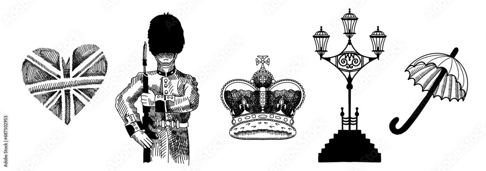 Doodle Great English London symbols - english crown, guard, umbrella vector illustration - obrazy, fototapety, plakaty 