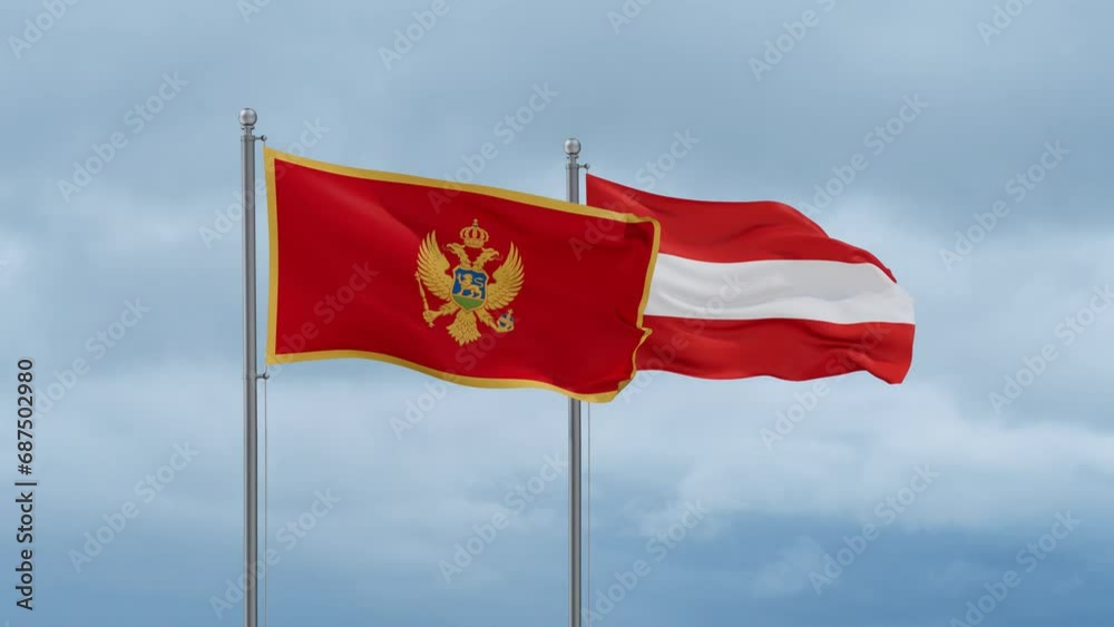 Austria flag and Montenegro flag waving together on cloudy sky, endless seamless loop, two country relations concept Austria flag and Montenegro flag waving together on cloudy sky, endless seamless loop, two country relations concept