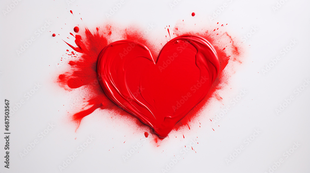 red heart with splashes drawn with thick red lipstick on a white background