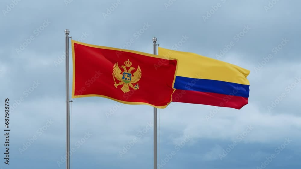 Colombia and Montenegro flag waving together on cloudy sky, endless seamless loop, two country cooperation concept Colombia and Montenegro flag waving together on cloudy sky, endless seamless loop, two country cooperation concept