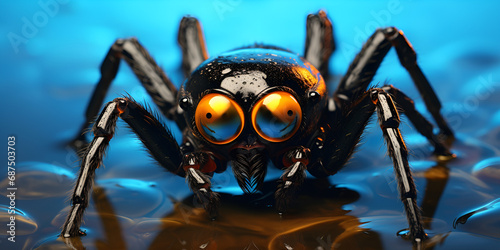 Closeup of glowing spider It stand on the water with blue background