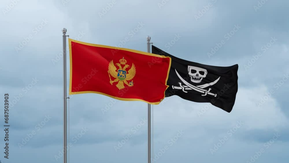 Montenegro flag and Corsair flag waving together on cloudy sky, endless seamless loop Montenegro flag and Corsair flag waving together on cloudy sky, endless seamless loop