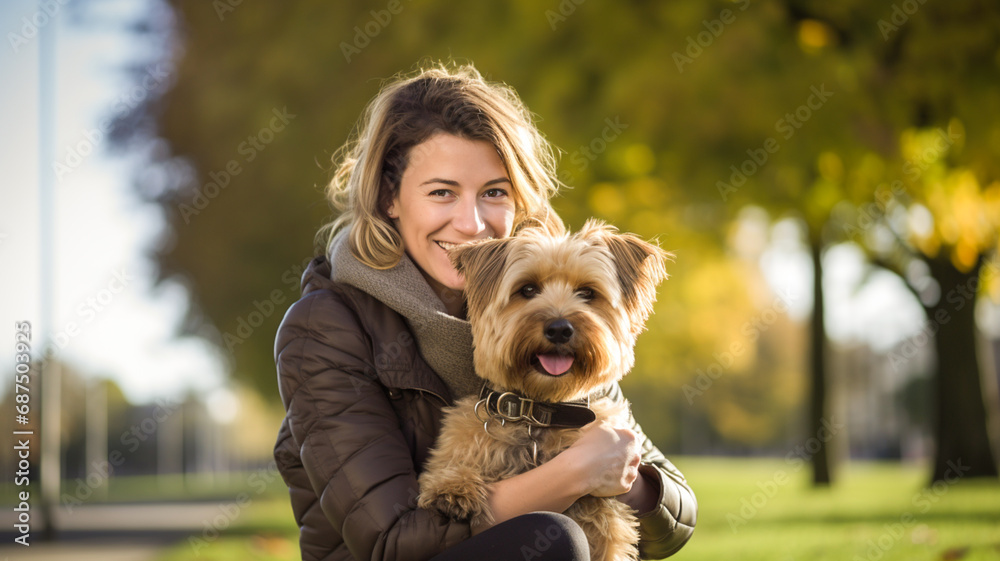 Portrait of a happy woman hugging her dog. Love and affection between owner and pet. 

