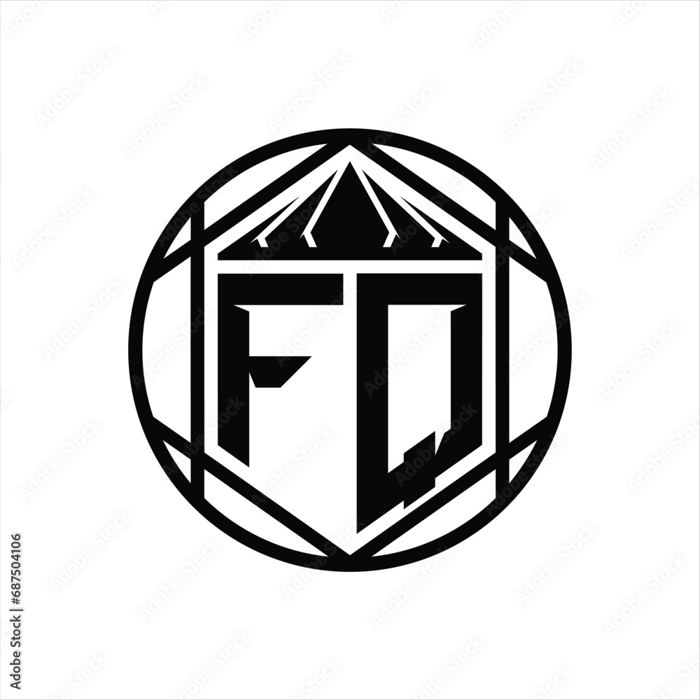 FQ Letter Logo monogram hexagon slice crown sharp shield shape isolated circle abstract style design FQ Letter Logo monogram hexagon slice crown sharp shield shape isolated circle abstract style design