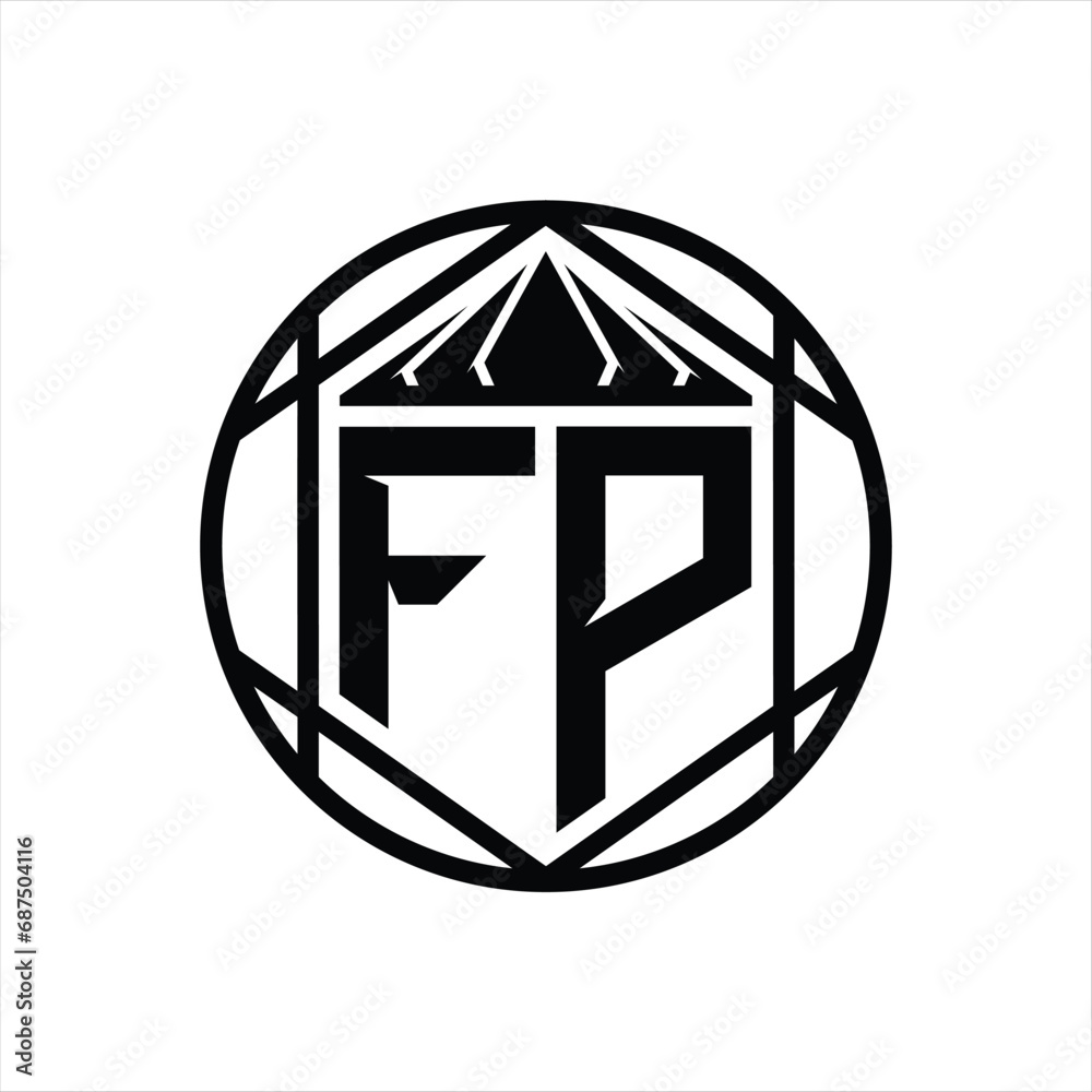 FP Letter Logo monogram hexagon slice crown sharp shield shape isolated circle abstract style design FP Letter Logo monogram hexagon slice crown sharp shield shape isolated circle abstract style design