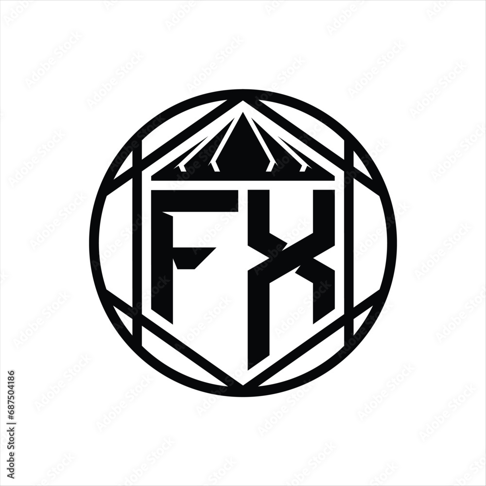 FX Letter Logo monogram hexagon slice crown sharp shield shape isolated circle abstract style design FX Letter Logo monogram hexagon slice crown sharp shield shape isolated circle abstract style design