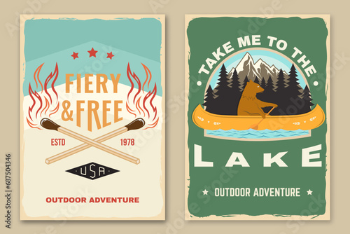 Set of camping retro posters. Vector illustration. Vintage typography design with bear in canoe, lake, forest, matches stick, burning lighter match. Summer camp.