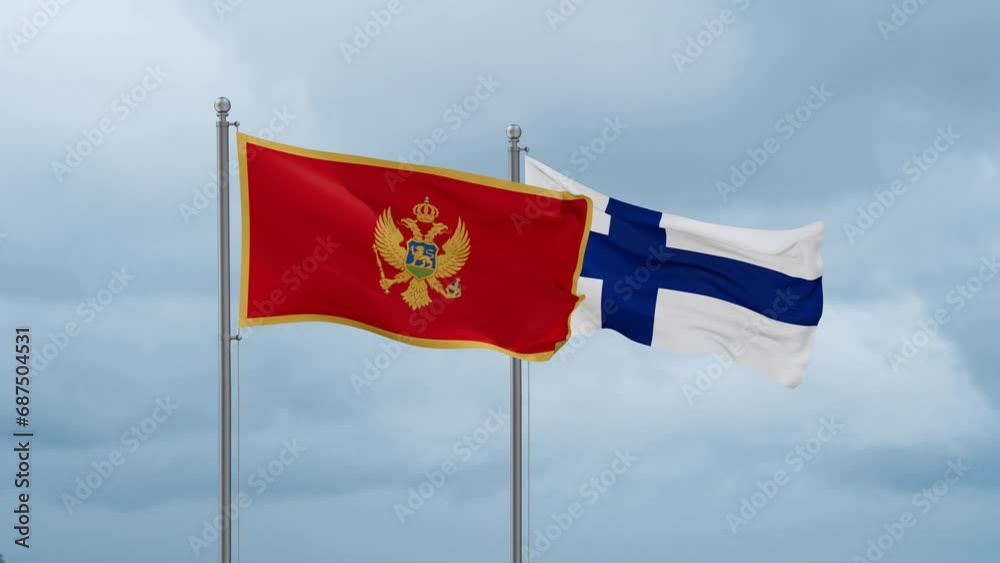 Finland flag and Montenegro flag waving together on cloudy sky, endless seamless loop, two country relations concept Finland flag and Montenegro flag waving together on cloudy sky, endless seamless loop, two country relations concept