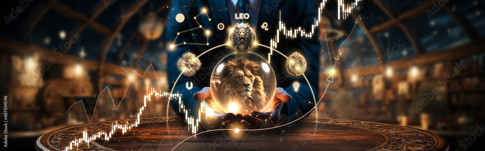 Business Horoscope for Leo. Astrology from a businessman + crystal ball for fire element zodiac sign. Modern Magic Witchcraft Cover. Forecast and divination for company. Startup strategy planning - obrazy, fototapety, plakaty 
