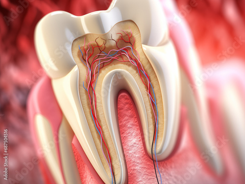 Teeth in gums with tooth anatomy detailed view. Generative AI.